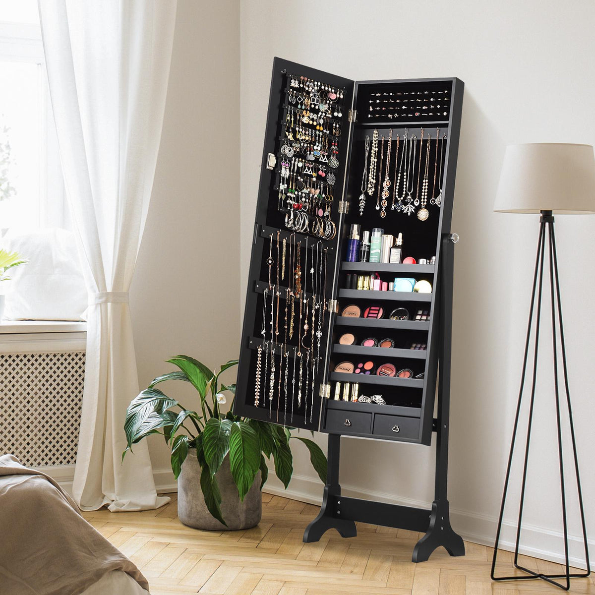 Lockable Mirrored Jewelry Cabinet, Full-Length Mirror, Black