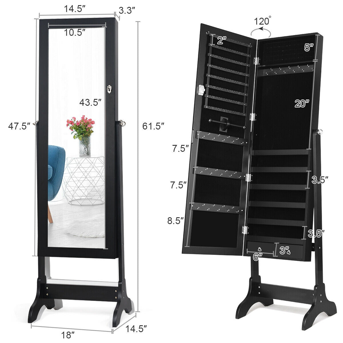 Lockable Mirrored Jewelry Cabinet, Full-Length Mirror, Black
