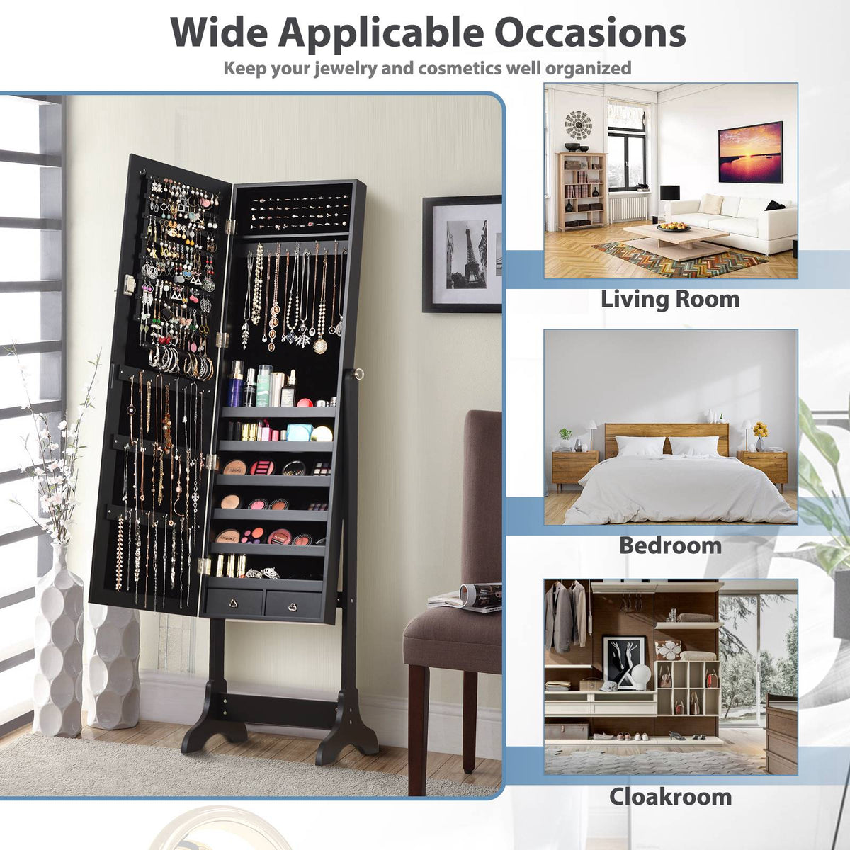 Lockable Mirrored Jewelry Cabinet, Full-Length Mirror, Black