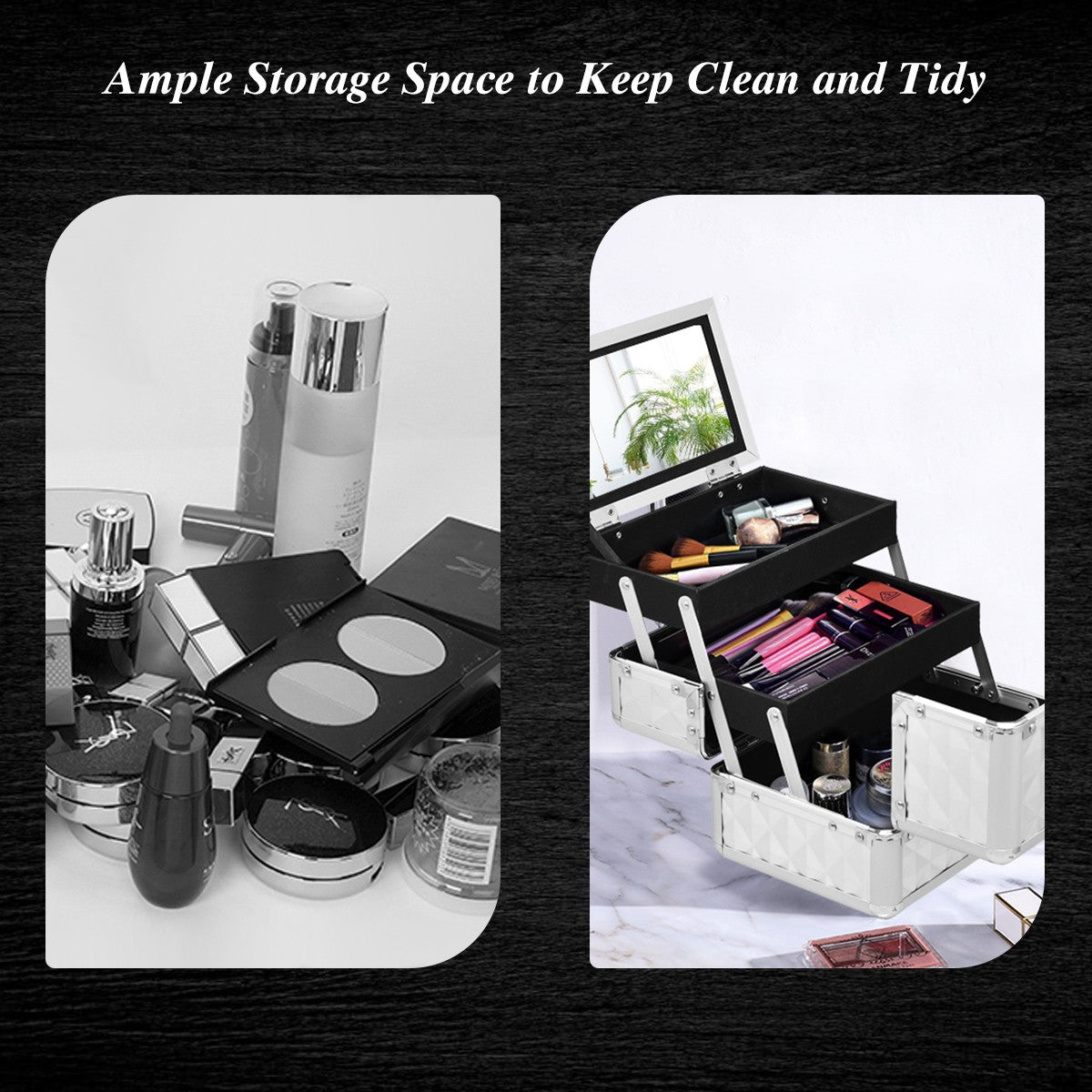 Lockable Portable Makeup Train Case, Mirror, Silver