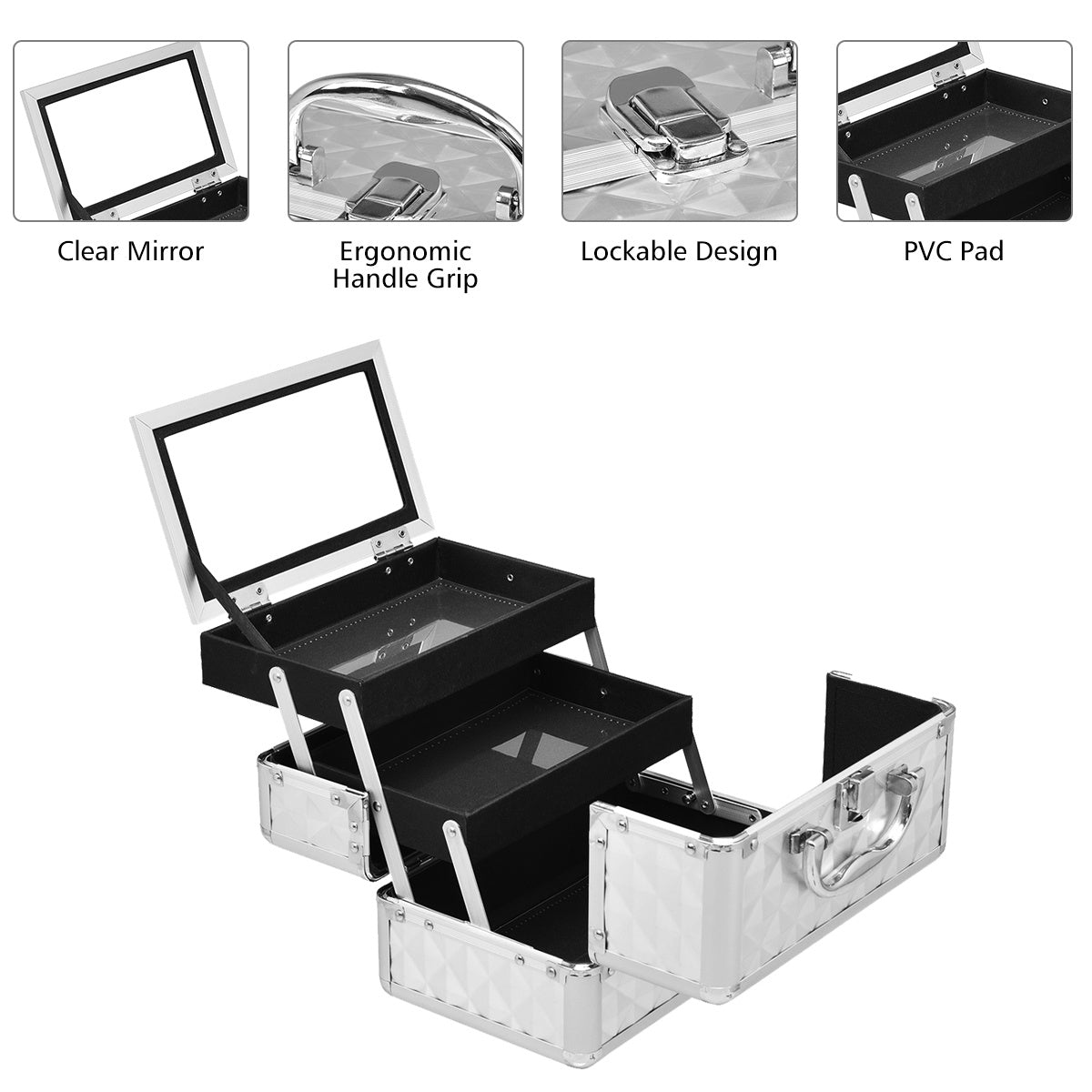 Lockable Portable Makeup Train Case, Mirror, Silver