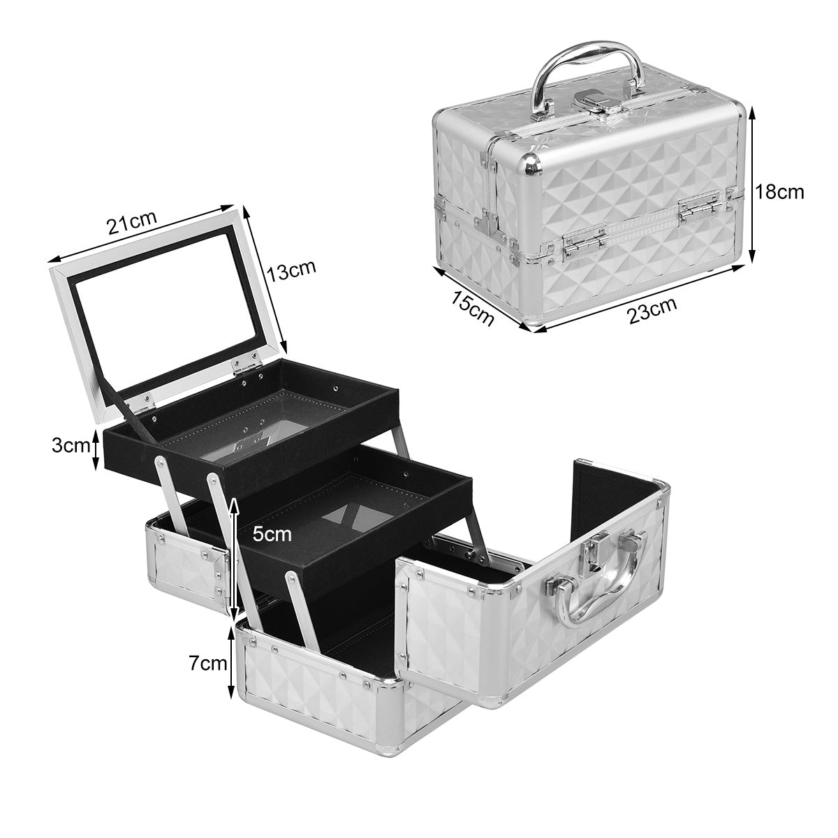Lockable Portable Makeup Train Case, Mirror, Silver
