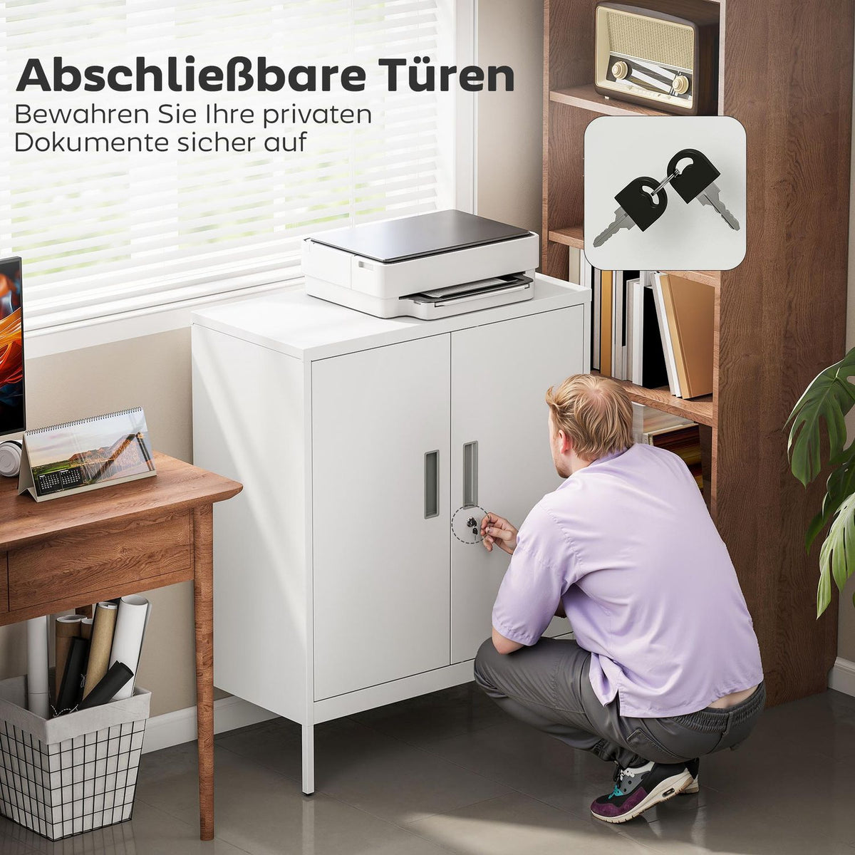 Lockable Steel Cabinet, 2 Doors, Adjustable Shelves, White