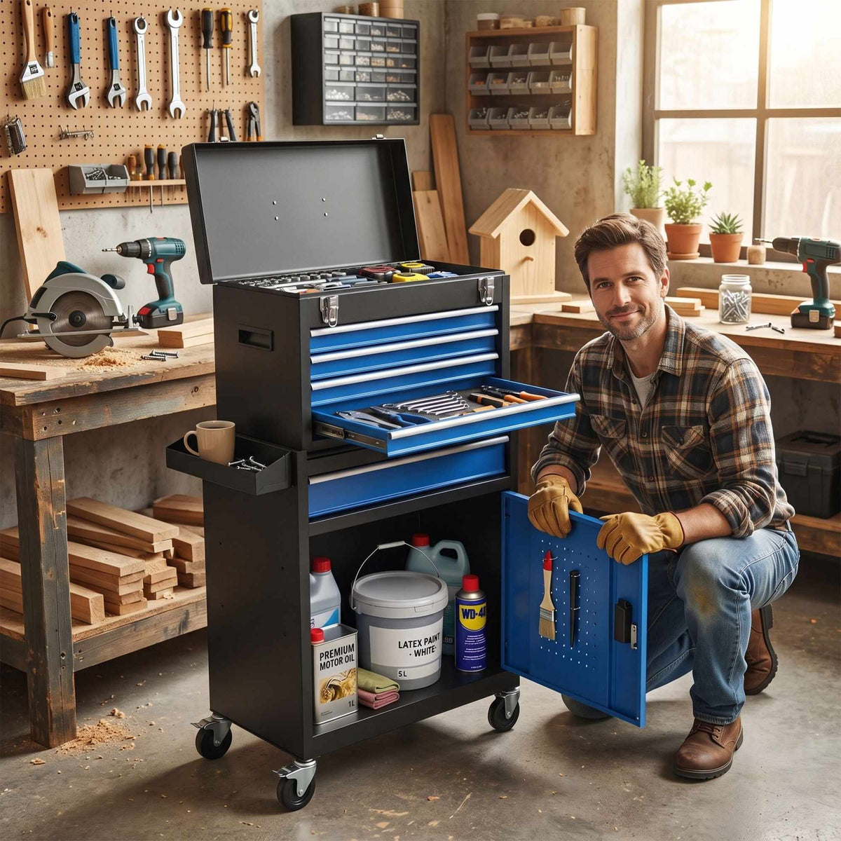 Lockable Steel Tool Trolley, 5 Drawers, Removable Top