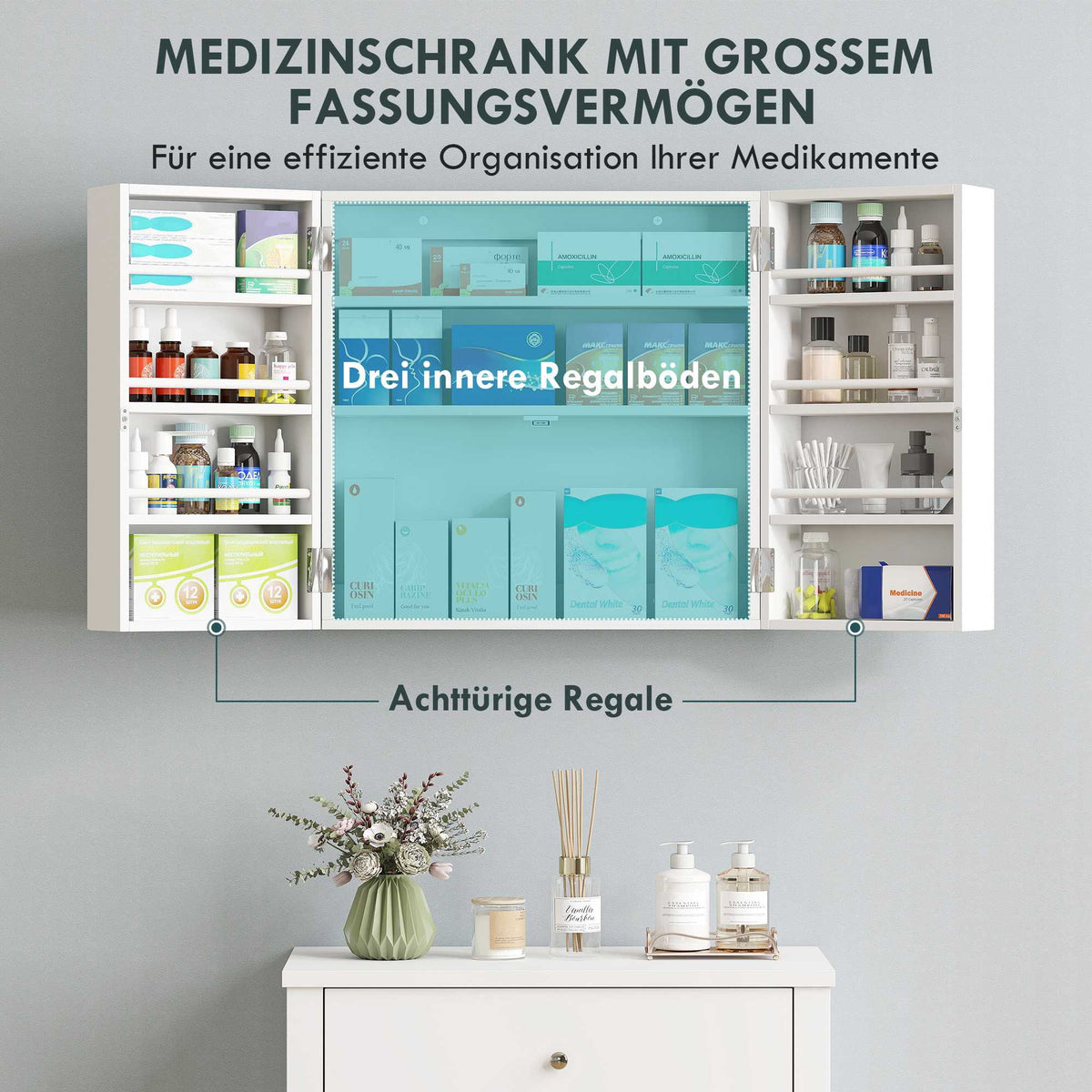 Lockable Wall-Mounted Medicine Cabinet, 11 Compartments, White
