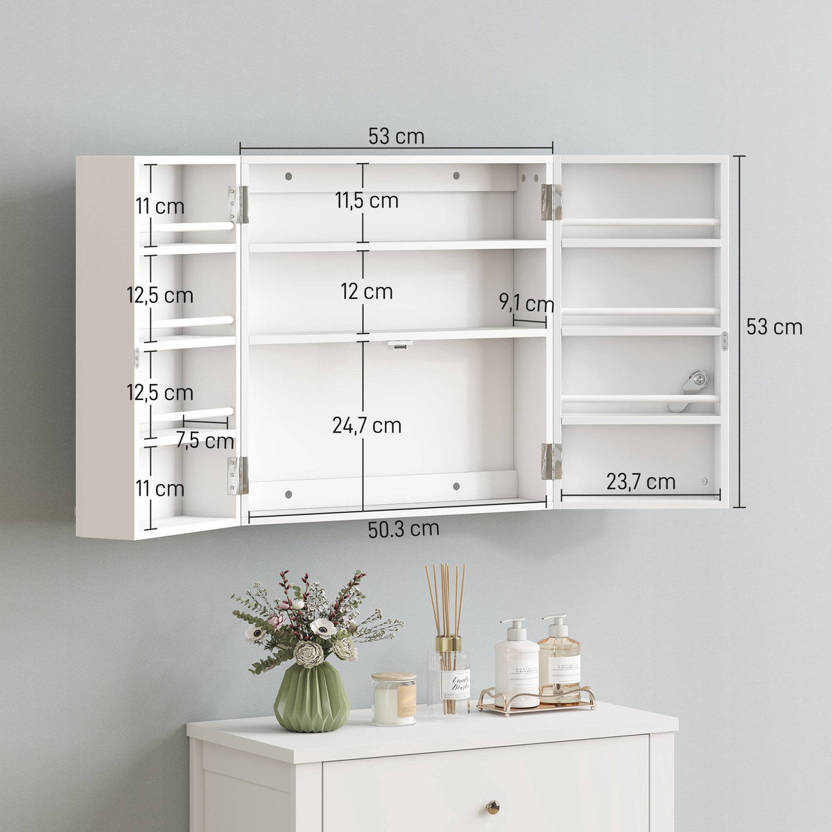 Lockable Wall-Mounted Medicine Cabinet, 11 Compartments, White