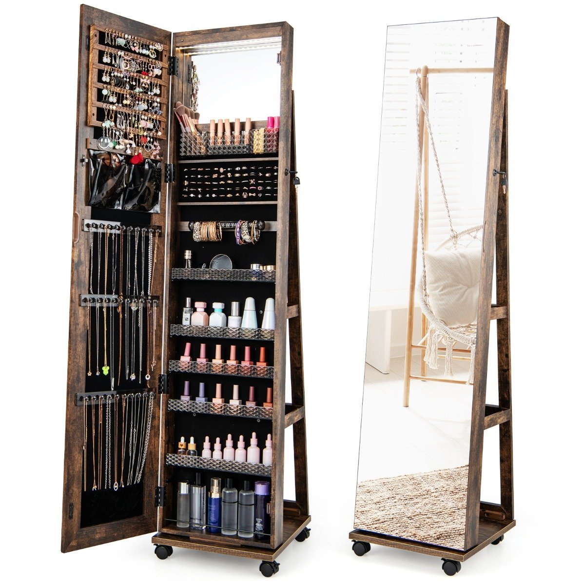 Lockable jewelry cabinet with integrated make-up mirror, adjustable shelves and coffee storage space