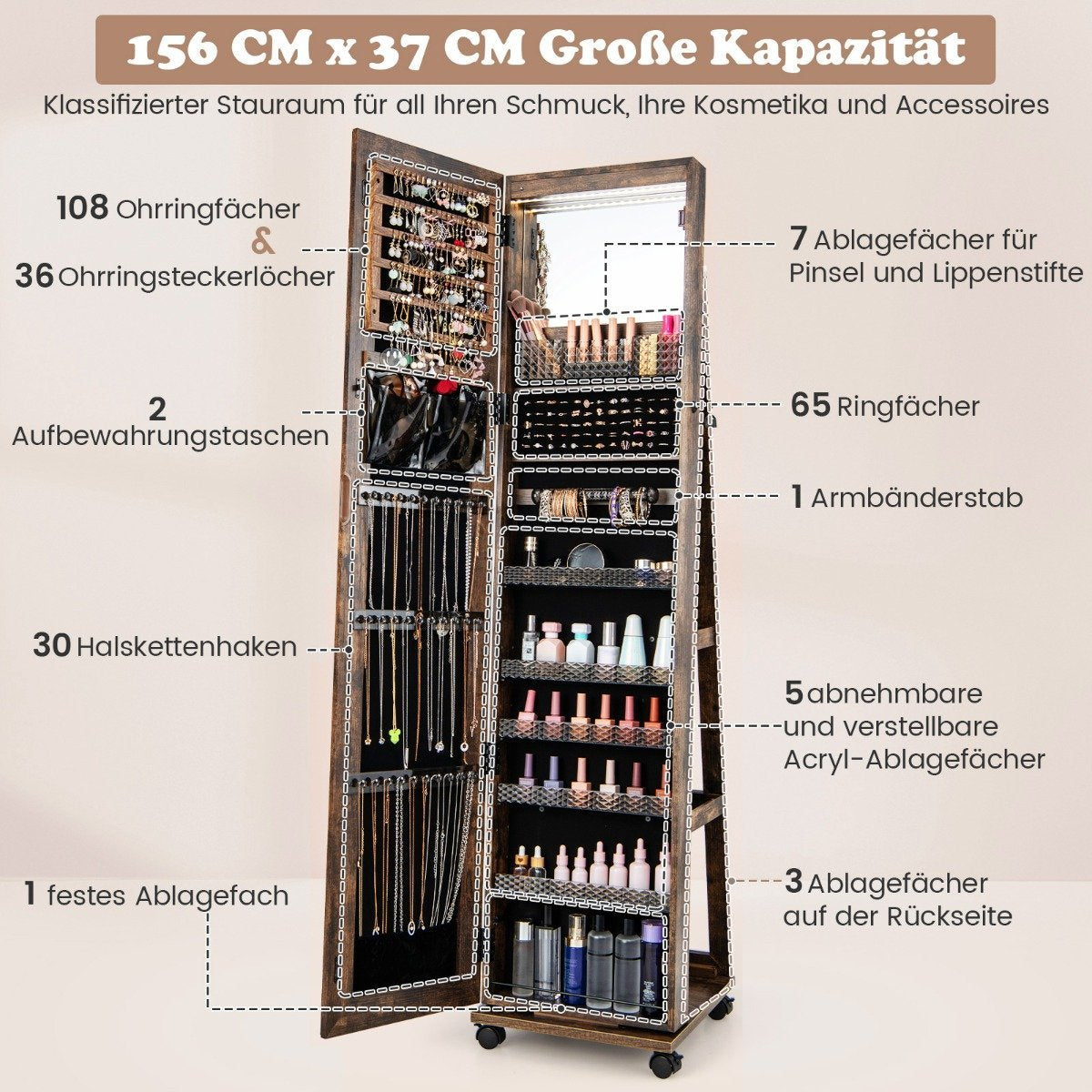 Lockable jewelry cabinet with integrated make-up mirror, adjustable shelves and coffee storage space