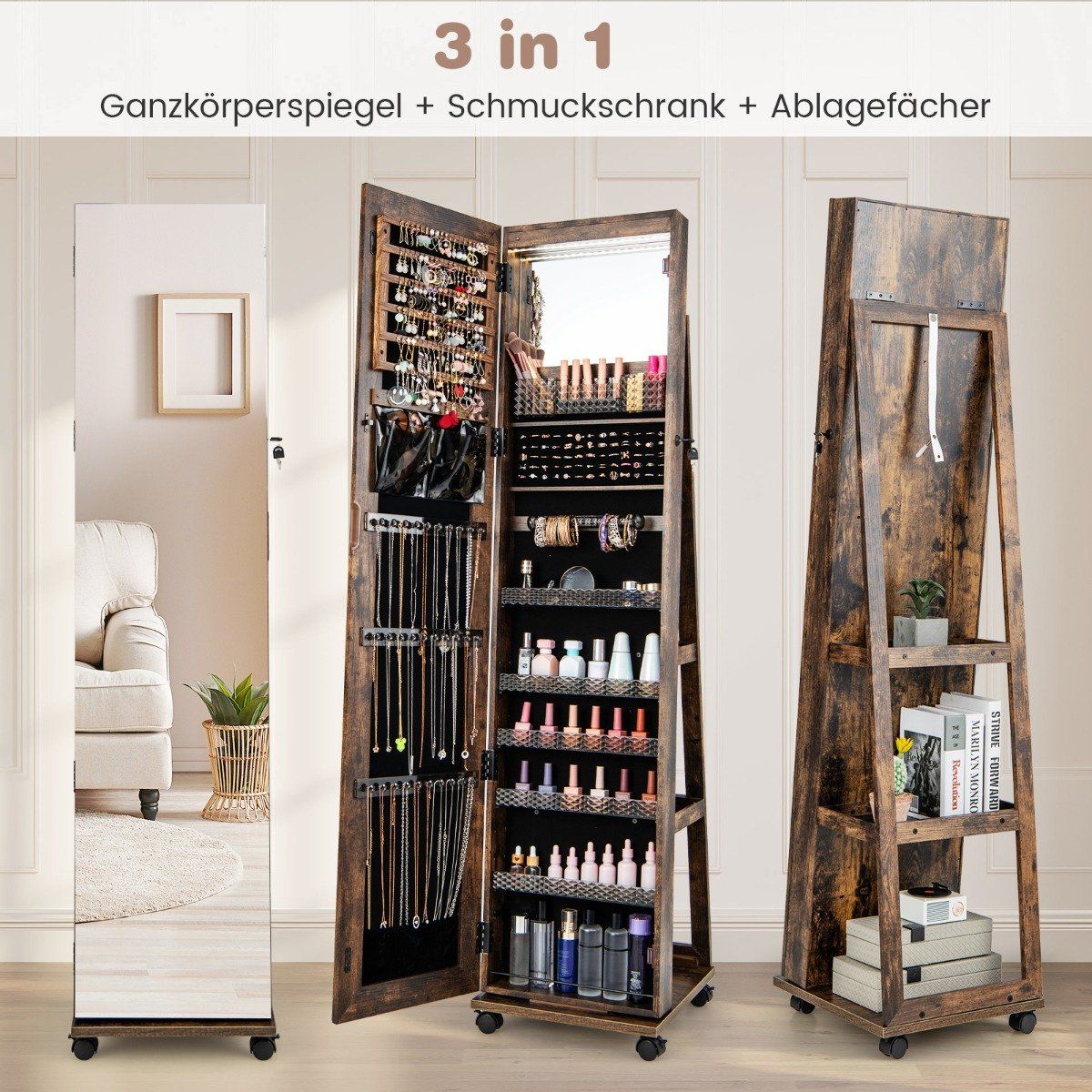 Lockable jewelry cabinet with integrated make-up mirror, adjustable shelves and coffee storage space