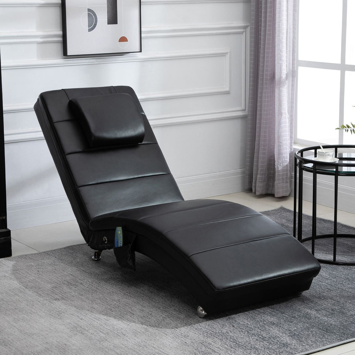 Lounge Chair Relaxation Lounger With Massage Function, High Backrest And Cushion Faux Leather Metal Foam Black 58 X 163 X 87 Cm