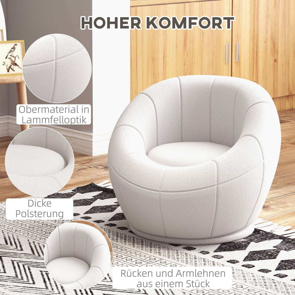 Lounge Chair Small Single Chair Swivel Upholstered Chair Armrest Chair Plush Chair for Living Room White