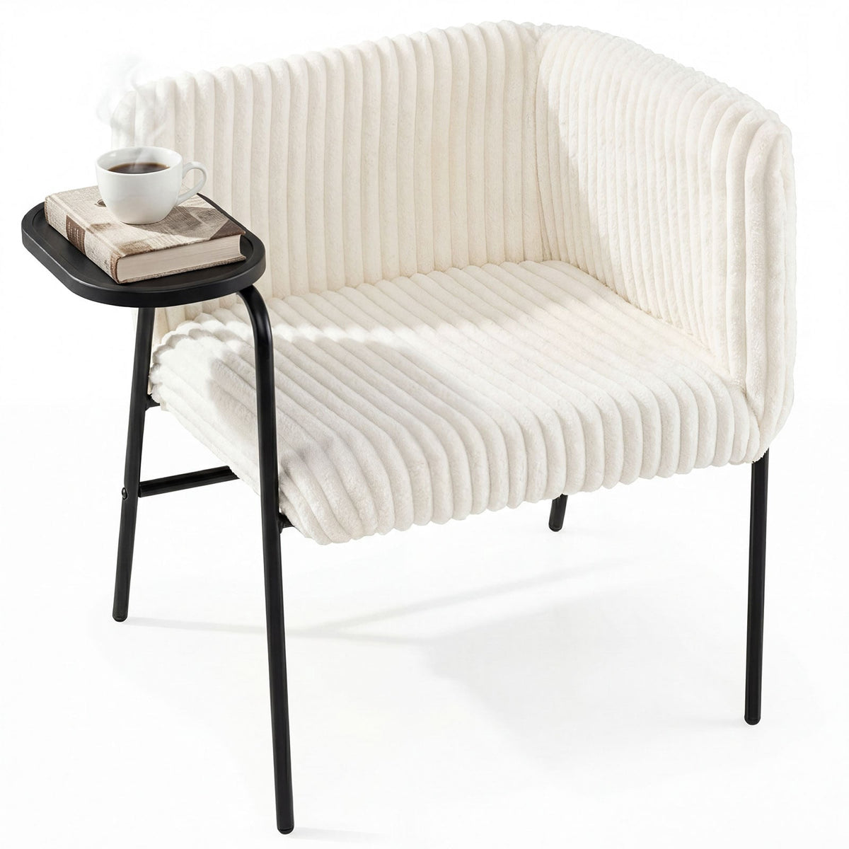 Lounge Chair with Tray, Beige Corduroy, Metal Frame