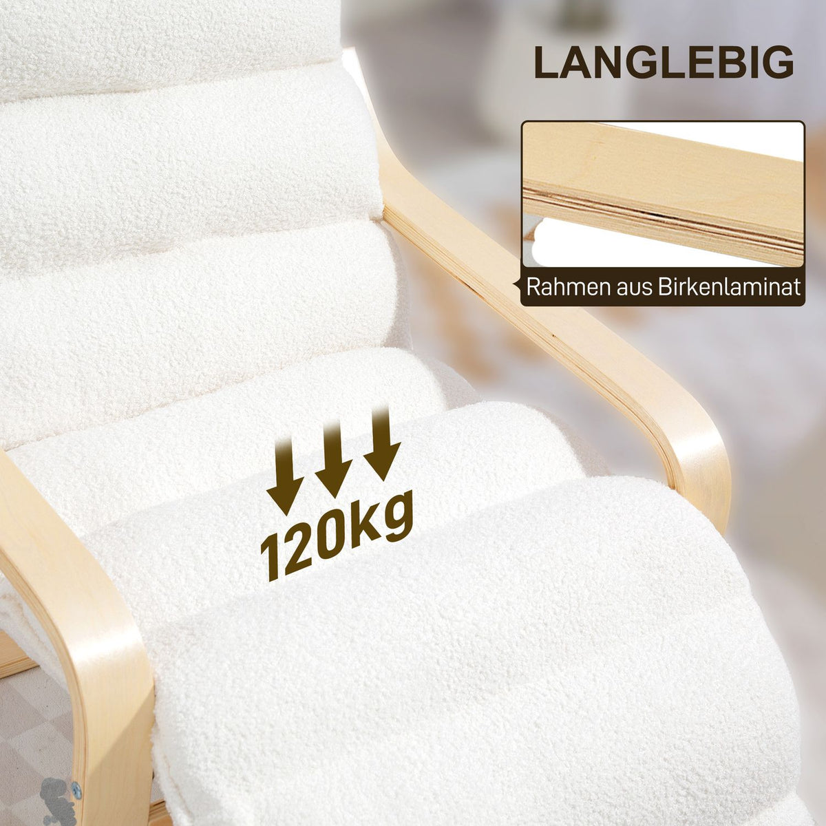 Lounge chair made of birch wood, upholstered chair, adjustable footrest, white