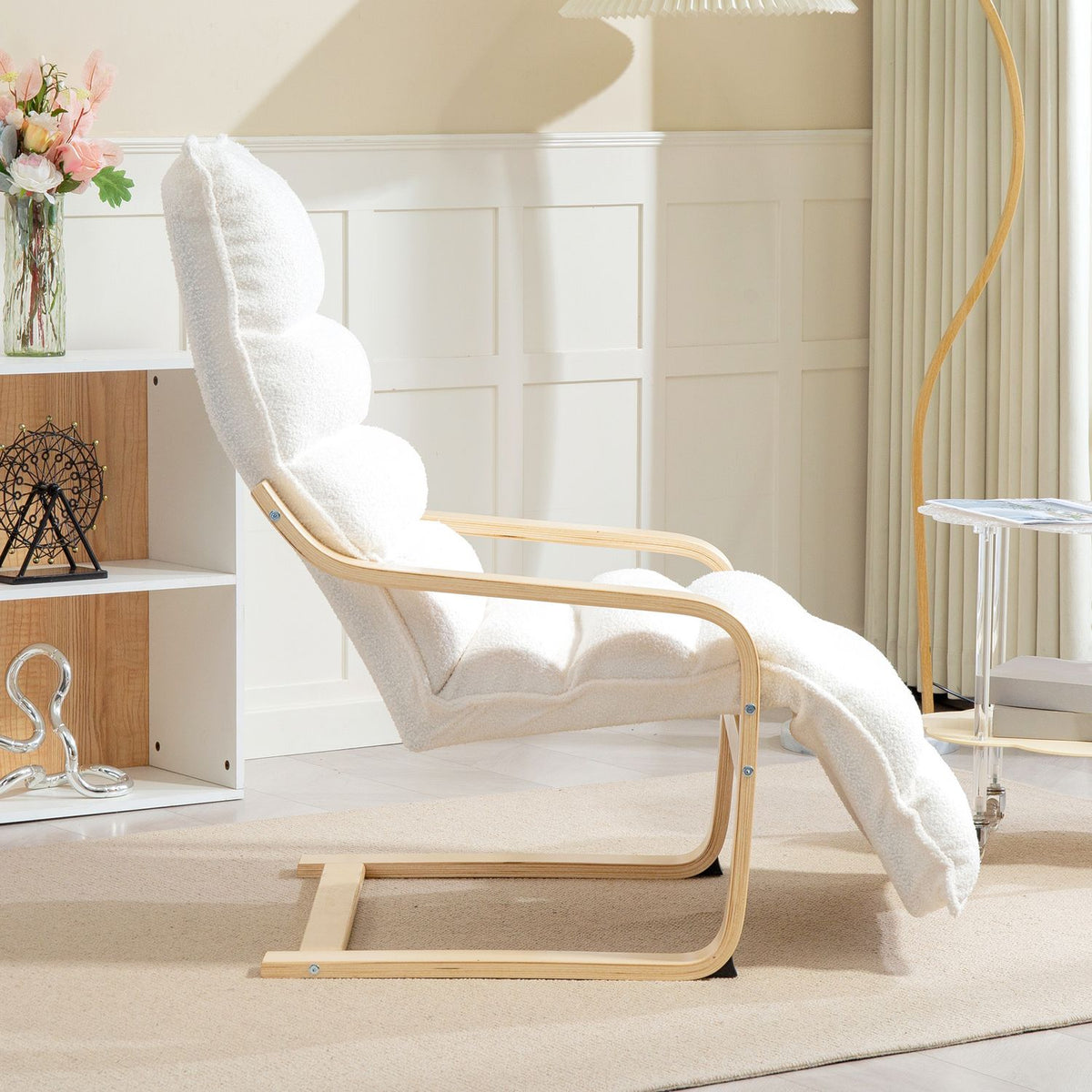 Lounge chair made of birch wood, upholstered chair, adjustable footrest, white