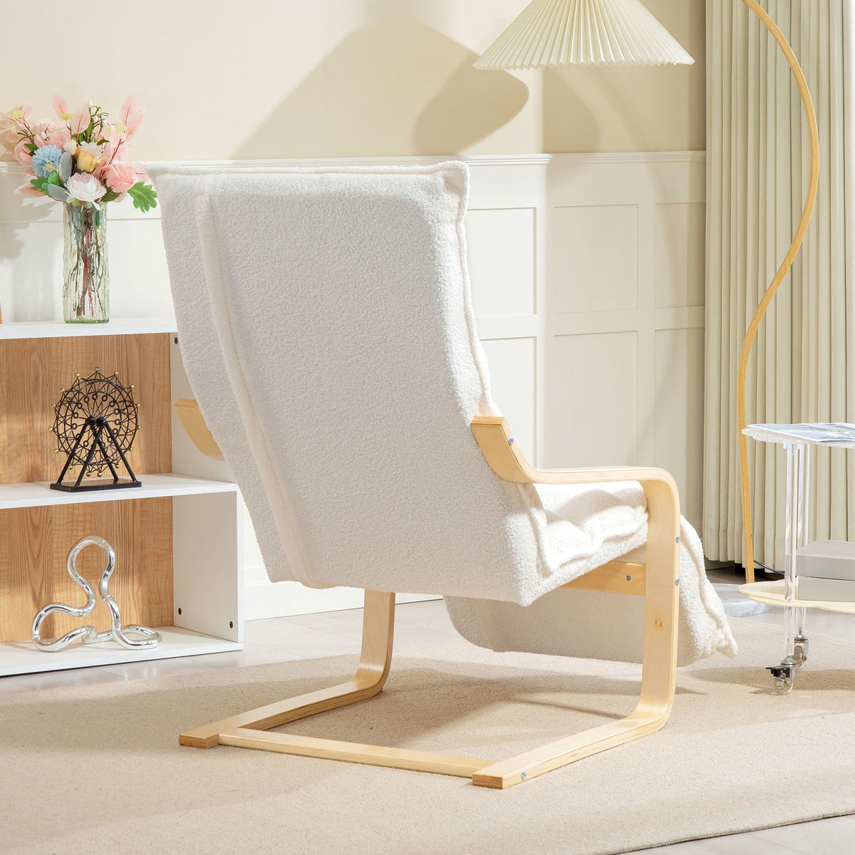 Lounge chair made of birch wood, upholstered chair, adjustable footrest, white