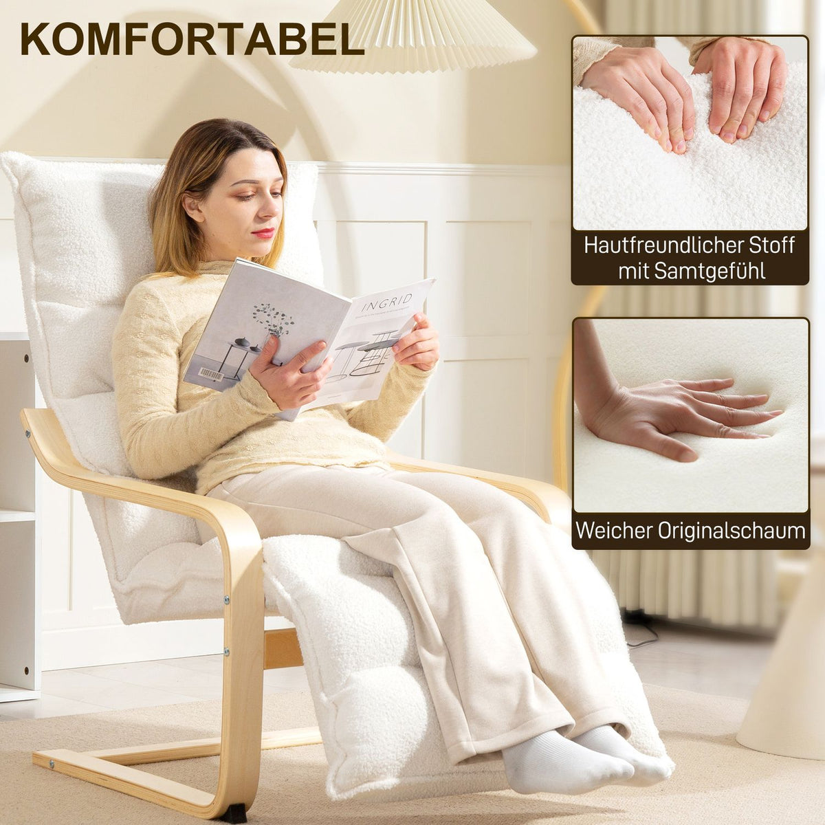Lounge chair made of birch wood, upholstered chair, adjustable footrest, white