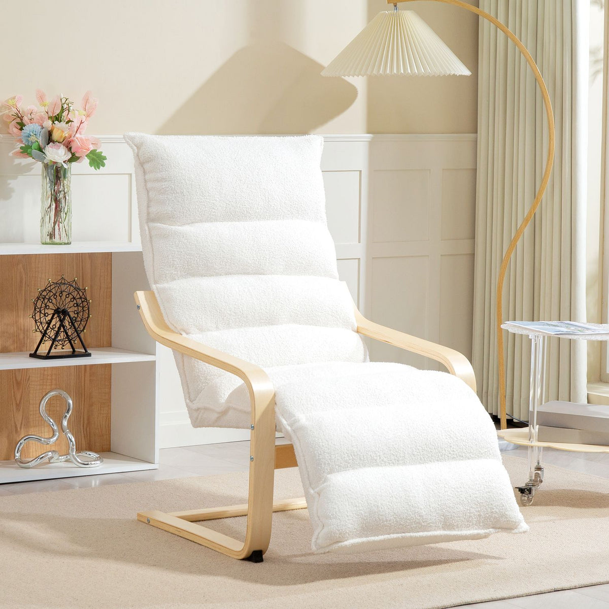 Lounge chair made of birch wood, upholstered chair, adjustable footrest, white