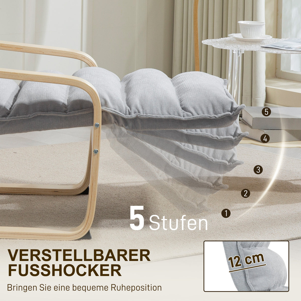 Lounge chair made of birch wood, upholstered chair with adjustable footrest, modern armchair, light grey