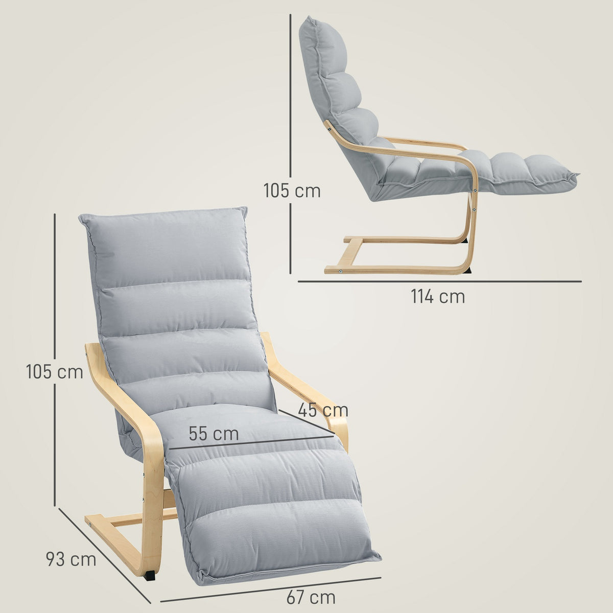 Lounge chair made of birch wood, upholstered chair with adjustable footrest, modern armchair, light grey
