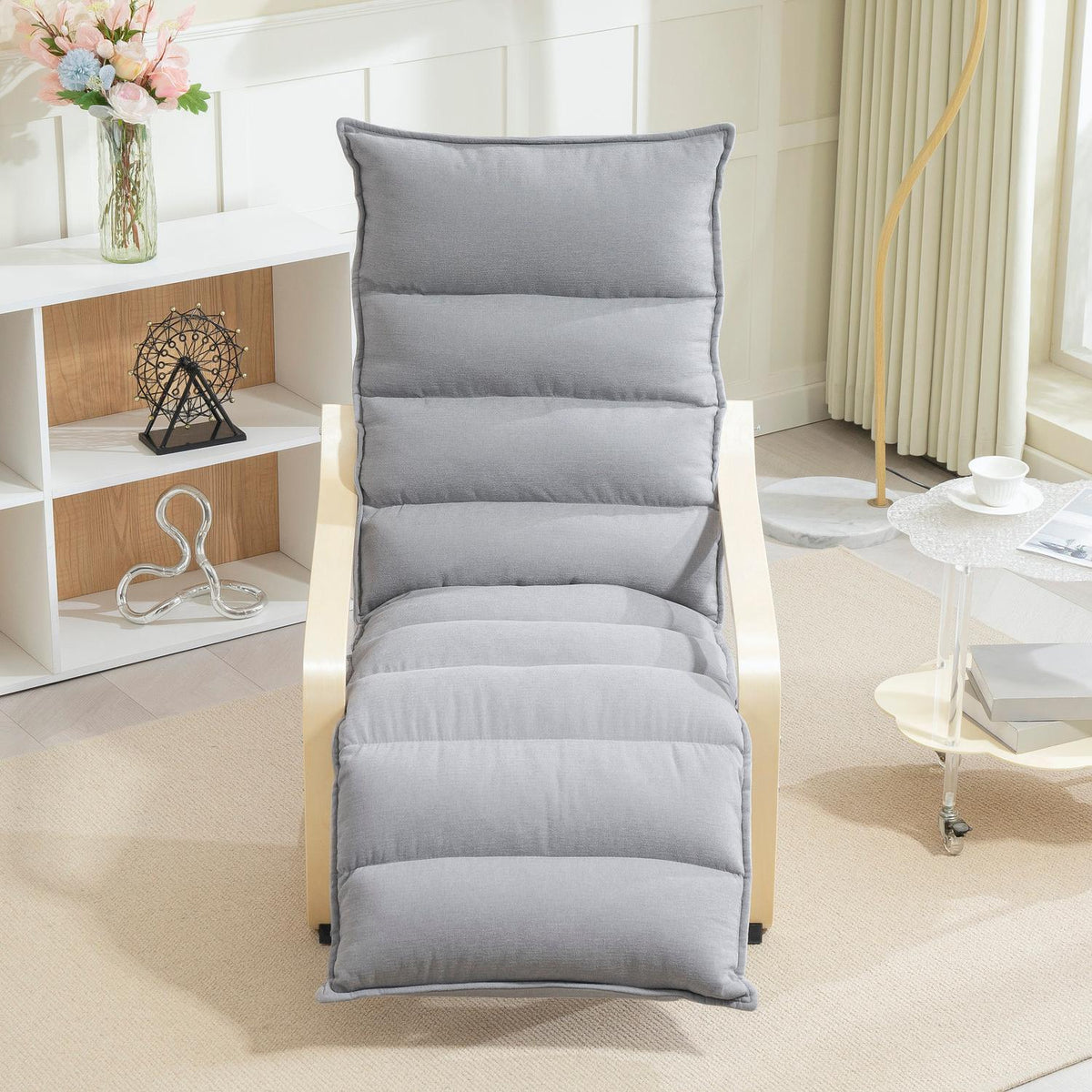 Lounge chair made of birch wood, upholstered chair with adjustable footrest, modern armchair, light grey