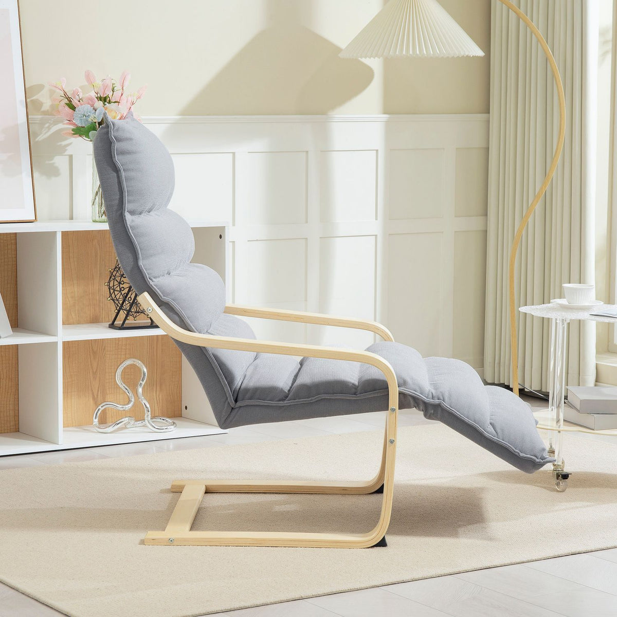 Lounge chair made of birch wood, upholstered chair with adjustable footrest, modern armchair, light grey