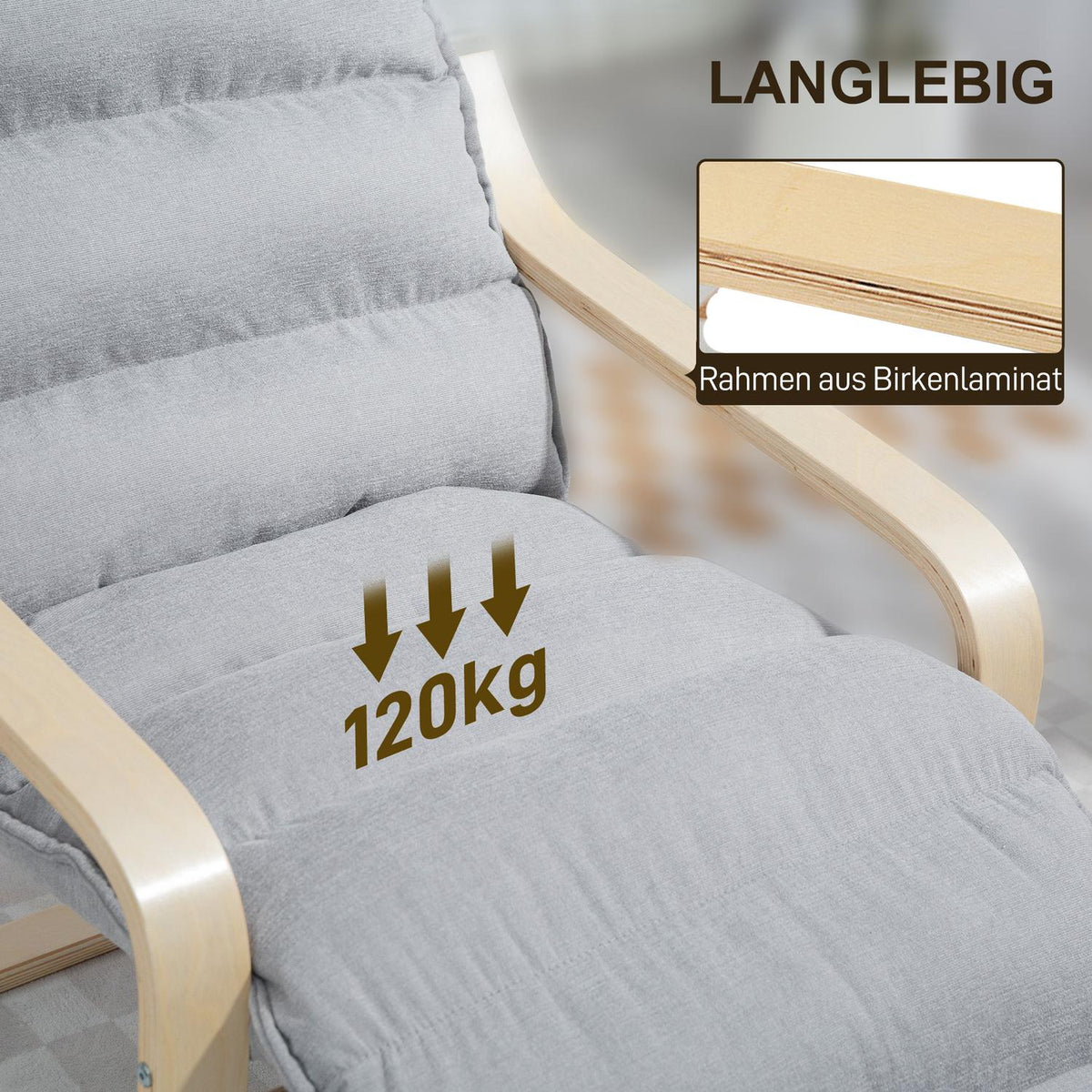 Lounge chair made of birch wood, upholstered chair with adjustable footrest, modern armchair, light grey