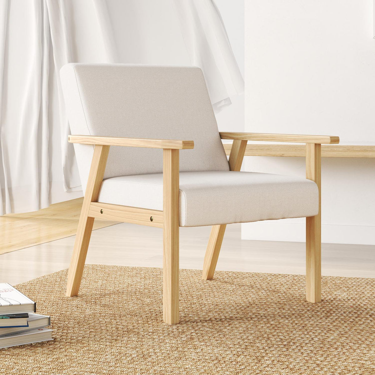 Lounge chair with armrests, dining room chair, linen look relax chair, upholstered chair for living room, bedroom, solid wood frame, 64 x 70 x 72 cm, cream white