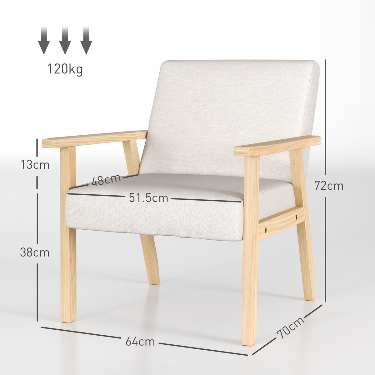 Lounge chair with armrests, dining room chair, linen look relax chair, upholstered chair for living room, bedroom, solid wood frame, 64 x 70 x 72 cm, cream white
