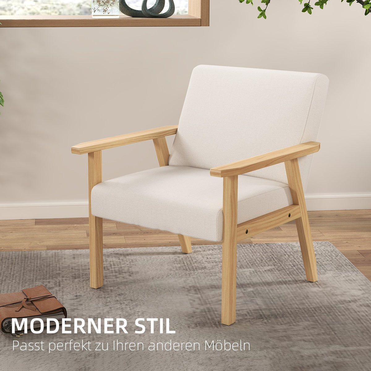 Lounge chair with armrests, dining room chair, linen look relax chair, upholstered chair for living room, bedroom, solid wood frame, 64 x 70 x 72 cm, cream white