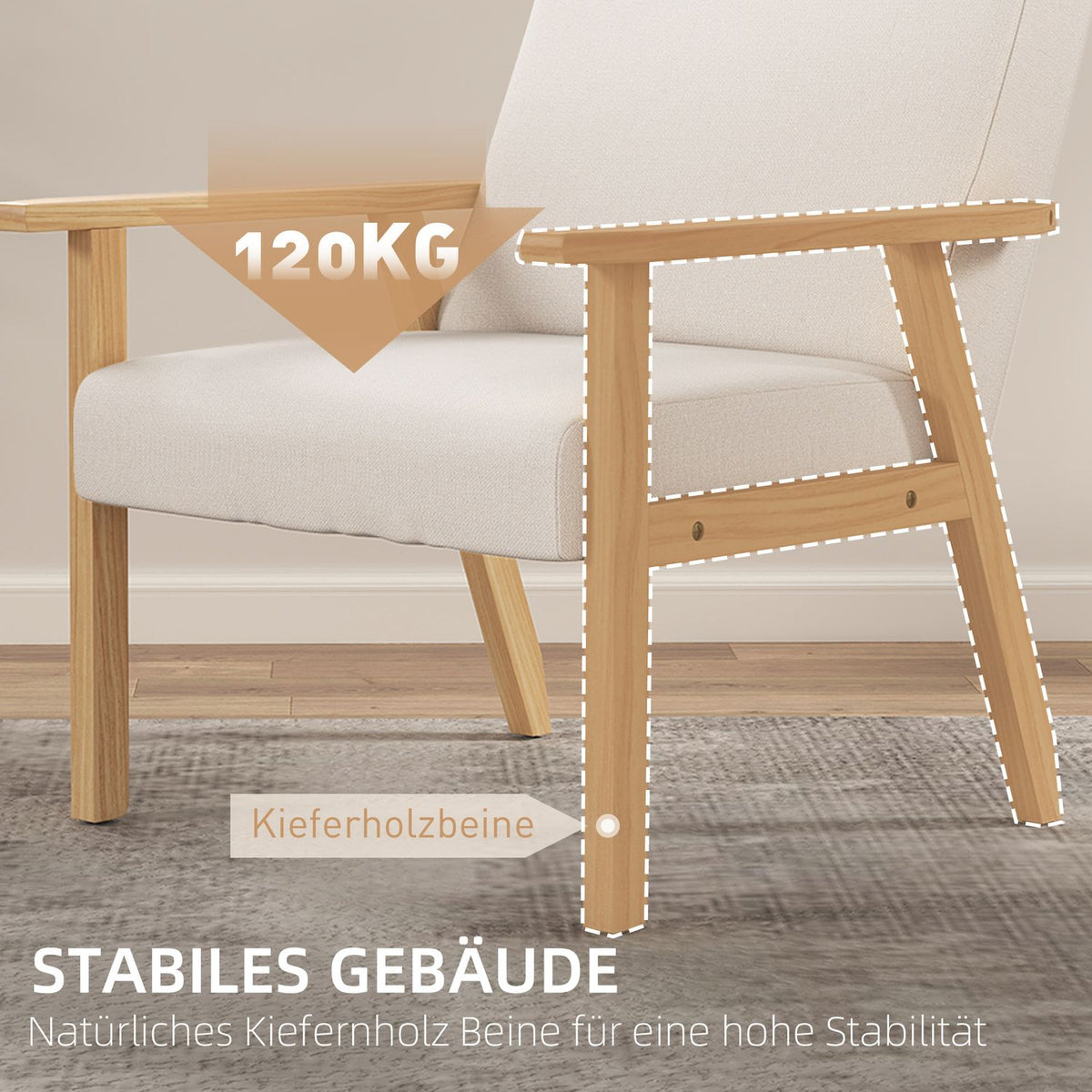Lounge chair with armrests, dining room chair, linen look relax chair, upholstered chair for living room, bedroom, solid wood frame, 64 x 70 x 72 cm, cream white