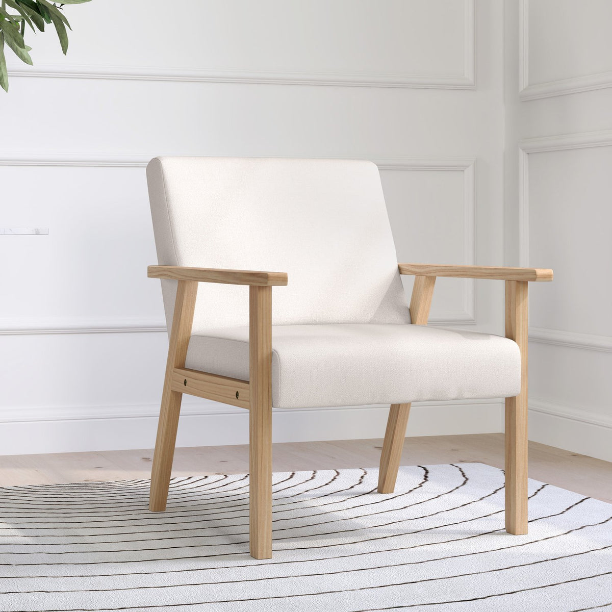 Lounge chair with armrests, dining room chair, linen look relax chair, upholstered chair for living room, bedroom, solid wood frame, 64 x 70 x 72 cm, cream white