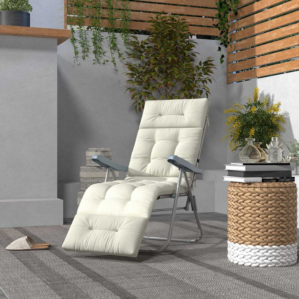 Lounger cushion upholstered sun lounger garden lounger polyester cream white 200x60x13cm