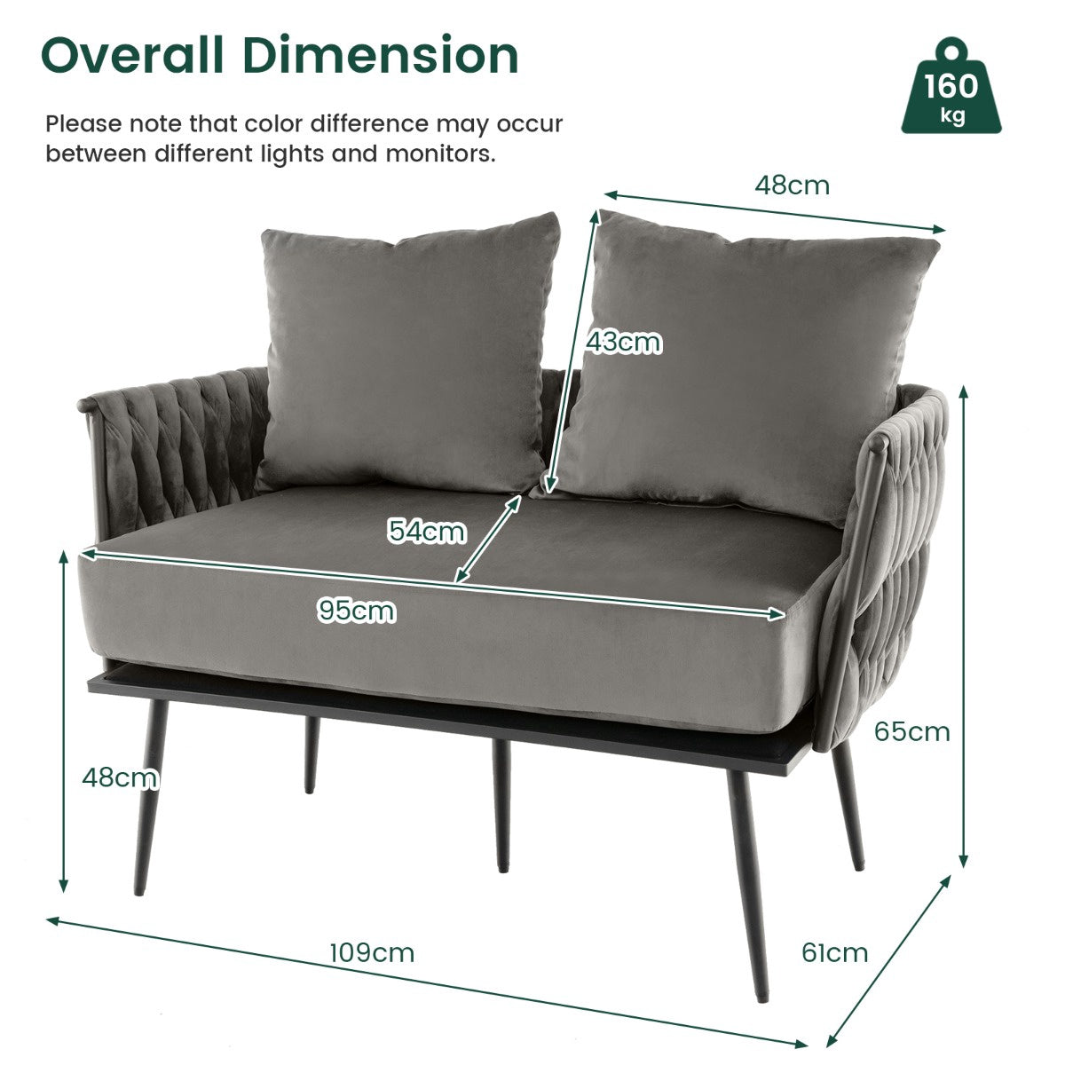 Loveseat Sofa, Dutch Velvet Upholstery, Gray, 350 lb