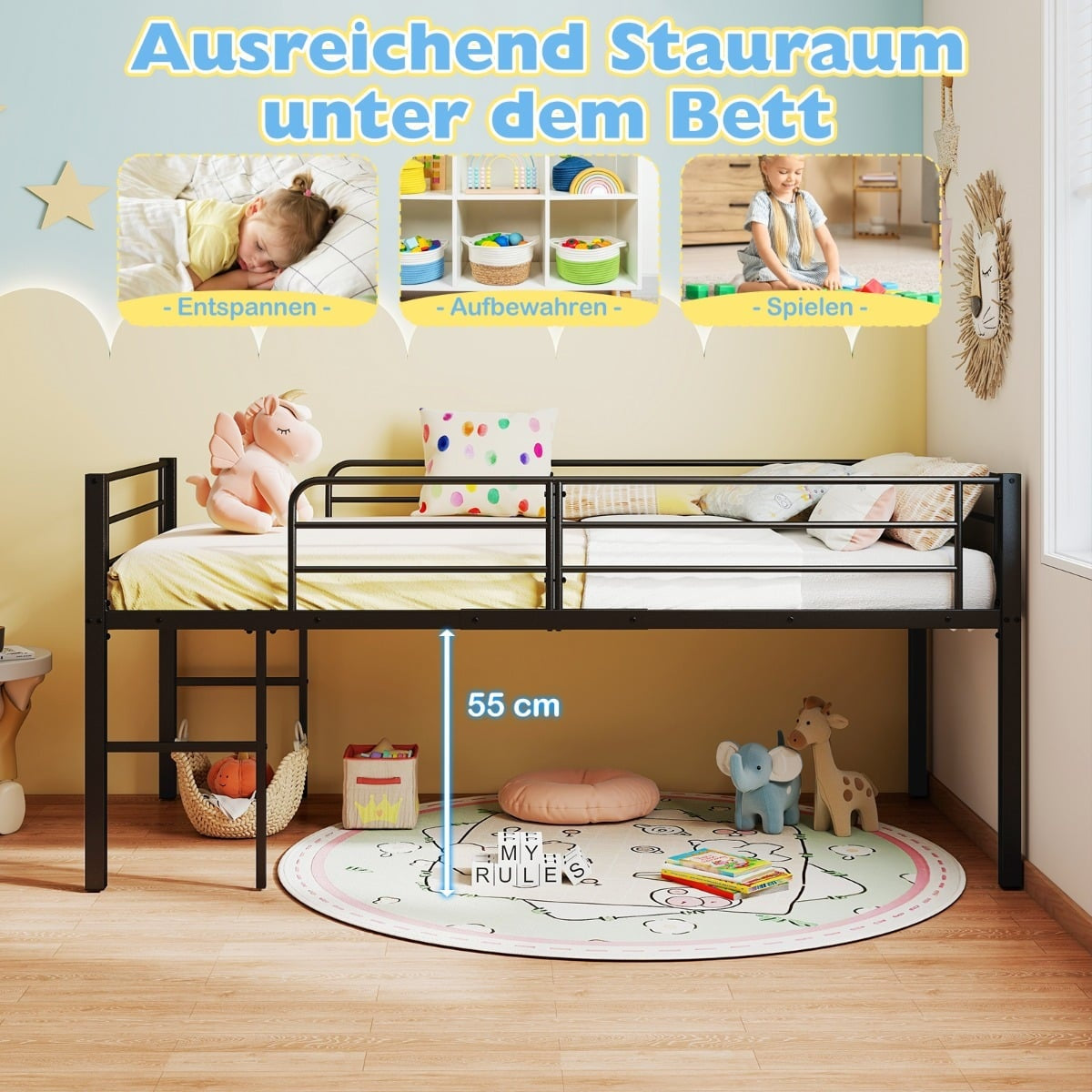 Low Loft Metal Bed Frame with Safety Rails & 2 Ladders