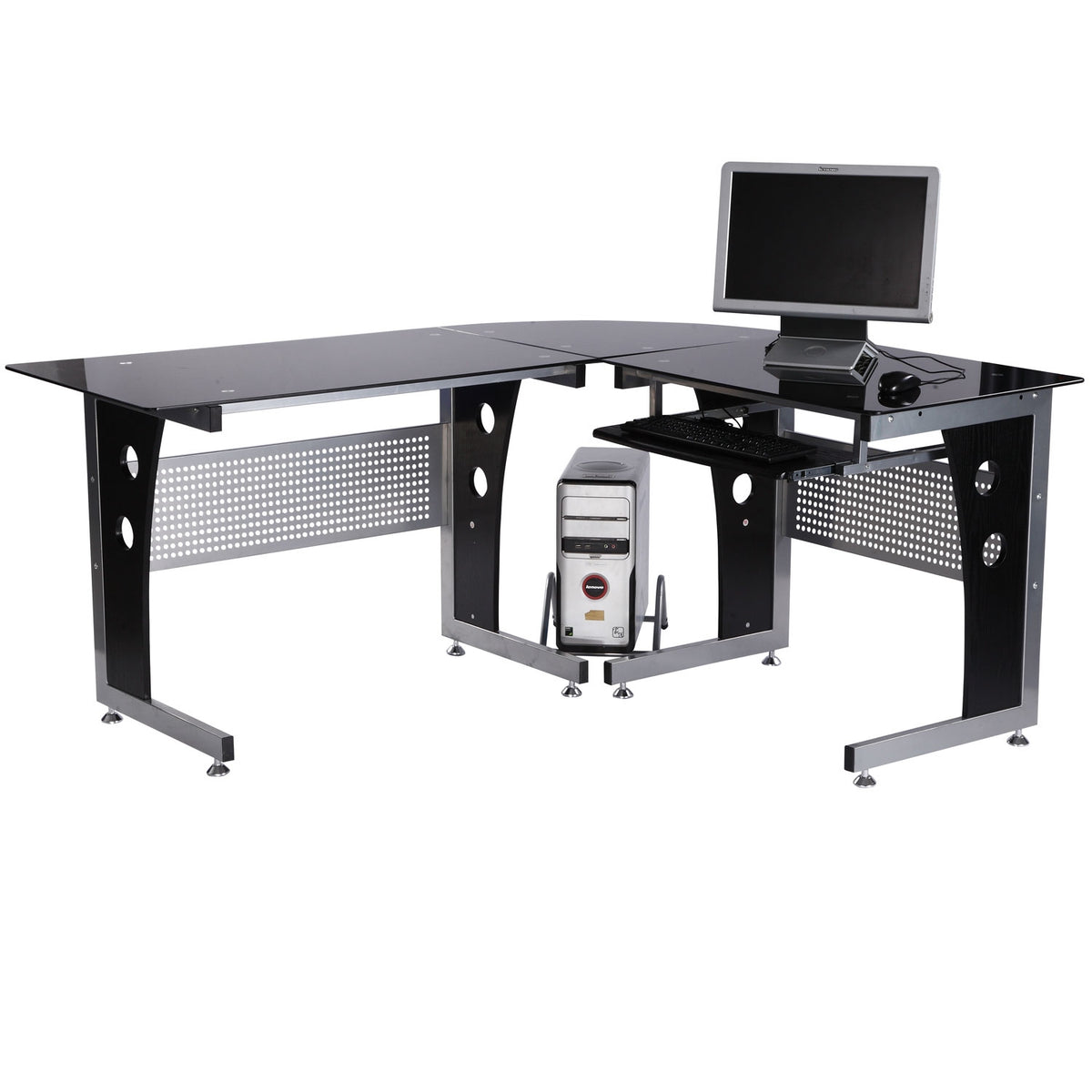 L-shaped corner desk with black safety glass 164x139x75 cm, stylish workstation for home office