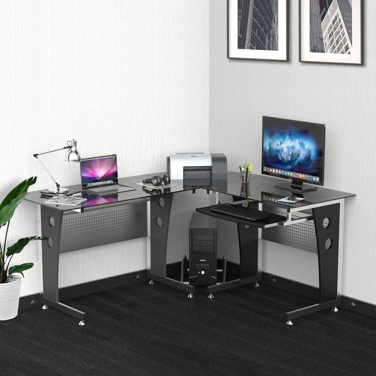 L-shaped corner desk with black safety glass 164x139x75 cm, stylish workstation for home office