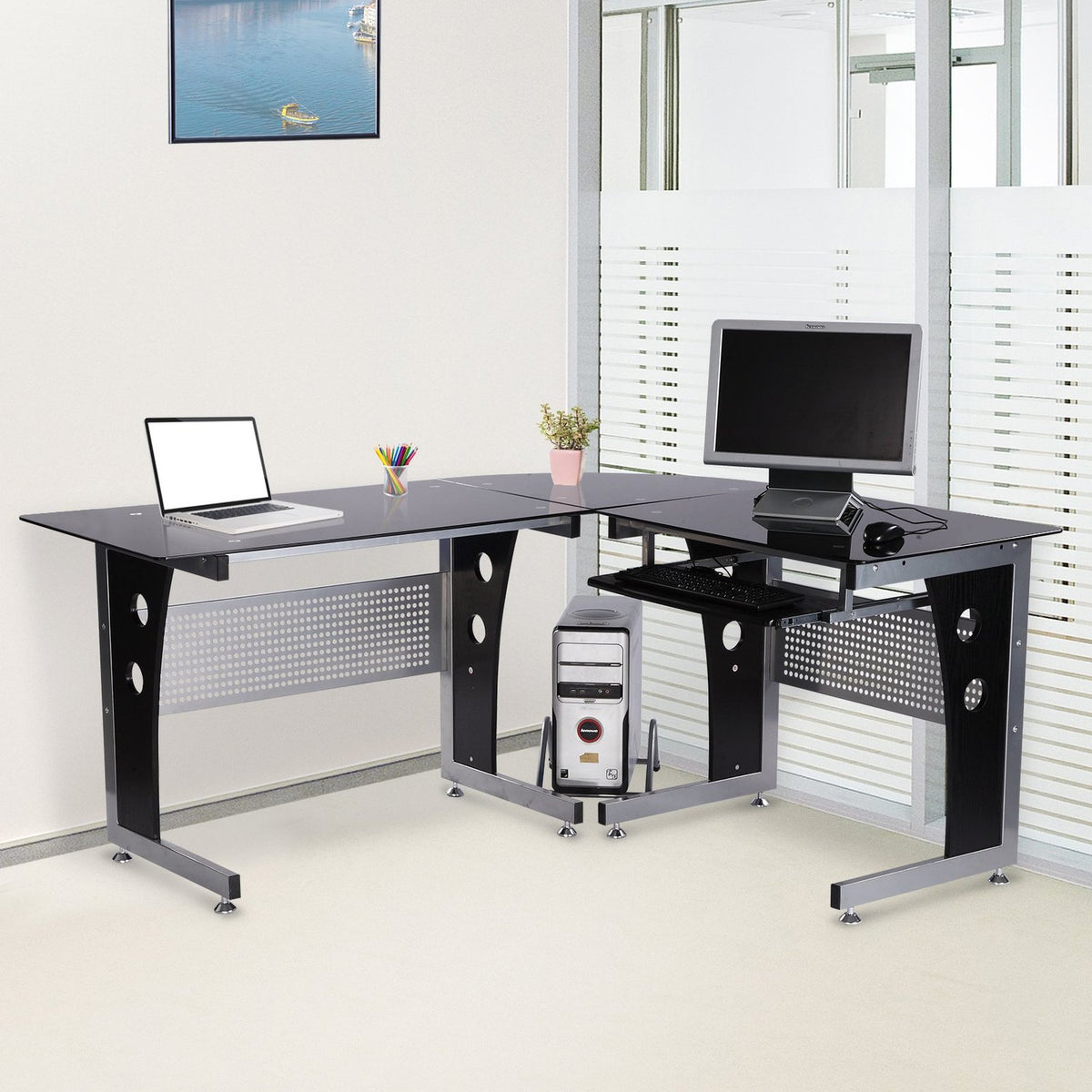 L-shaped corner desk with black safety glass 164x139x75 cm, stylish workstation for home office