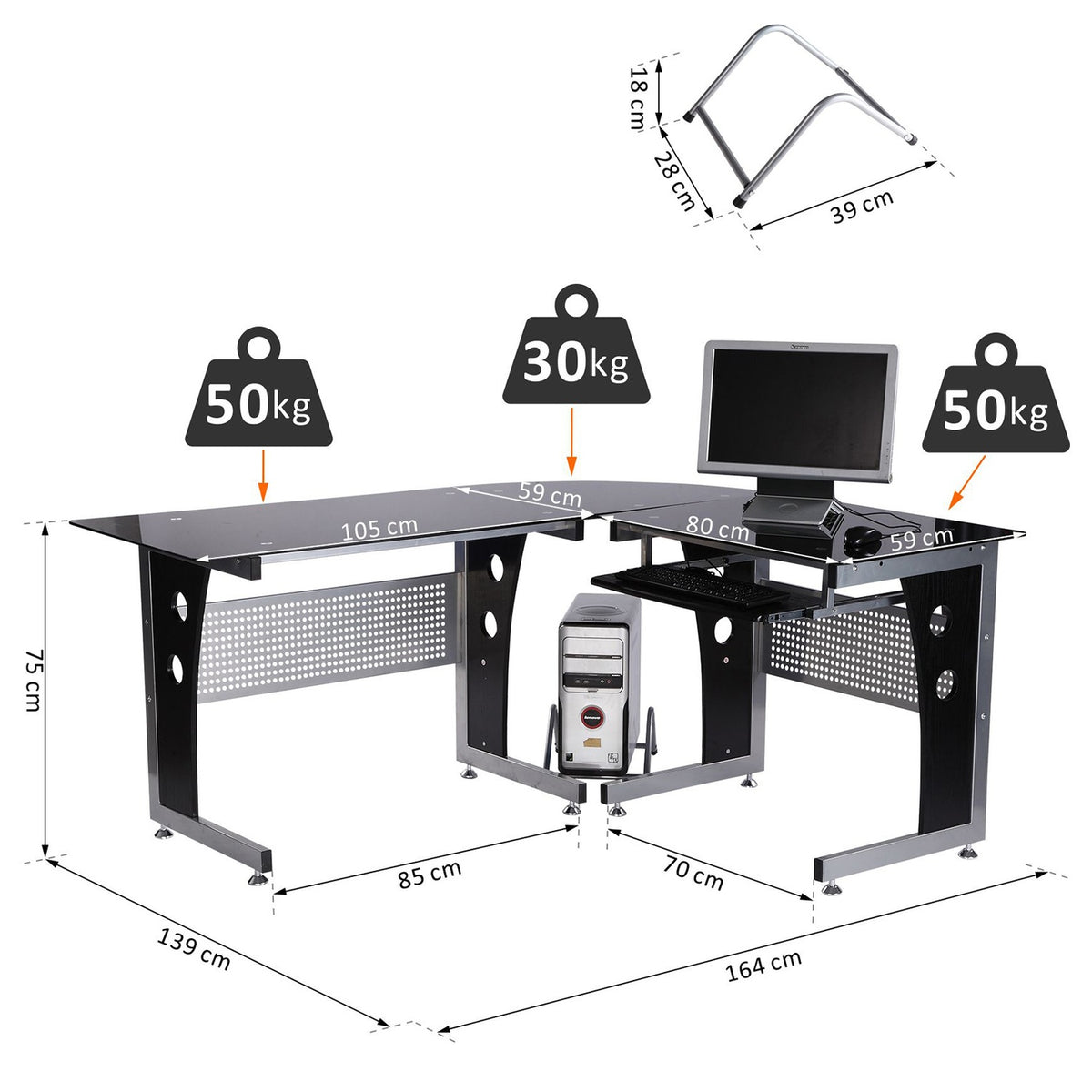 L-shaped corner desk with black safety glass 164x139x75 cm, stylish workstation for home office