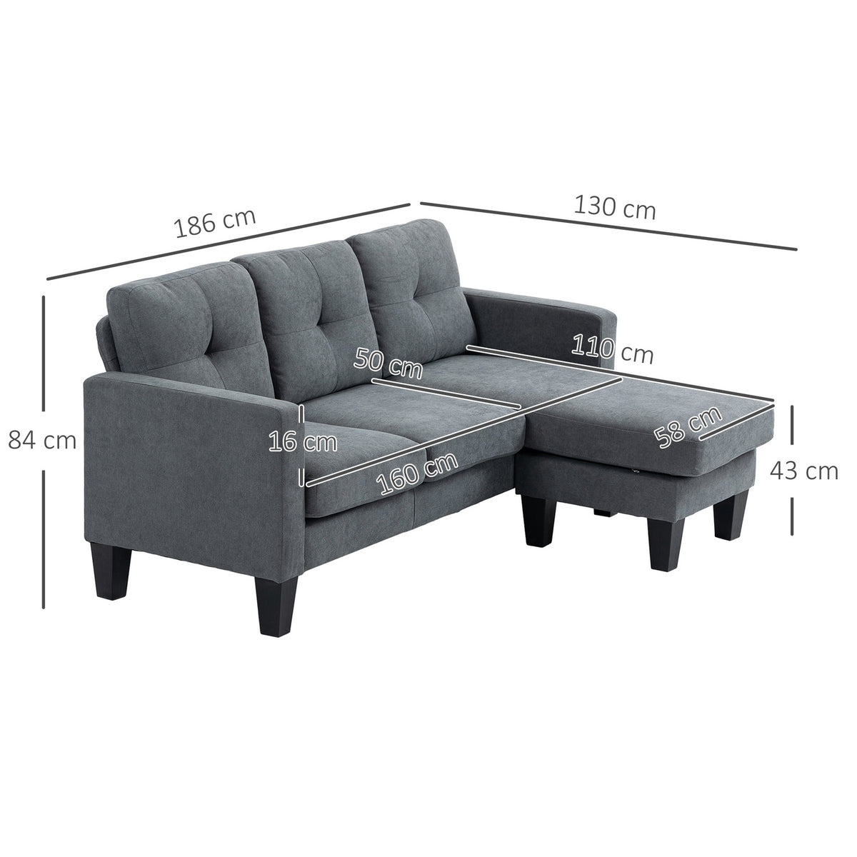 L-shaped corner sofa with chaise longue that can be attached to either side, upholstered sofa, dark grey