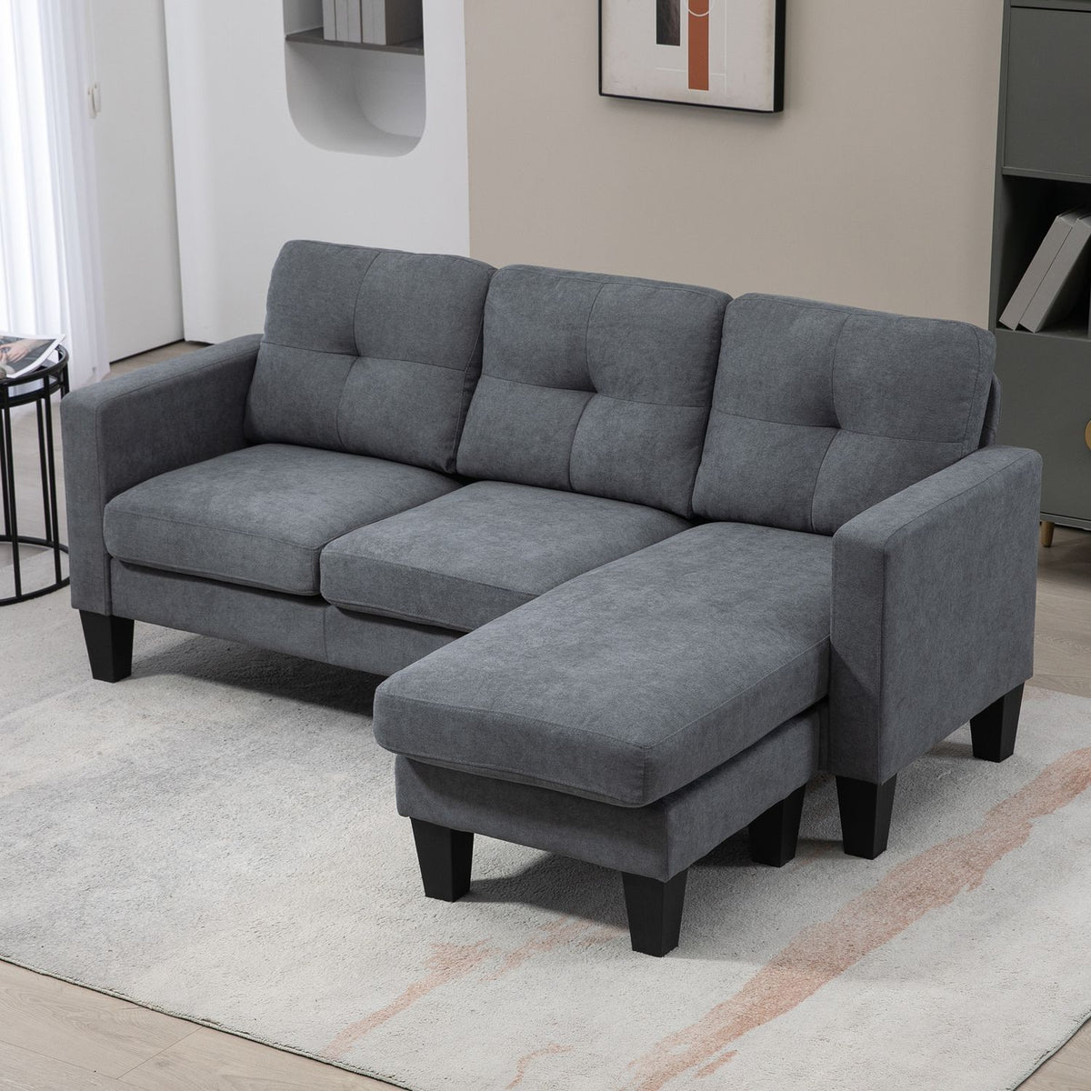 L-shaped corner sofa with chaise longue that can be attached to either side, upholstered sofa, dark grey