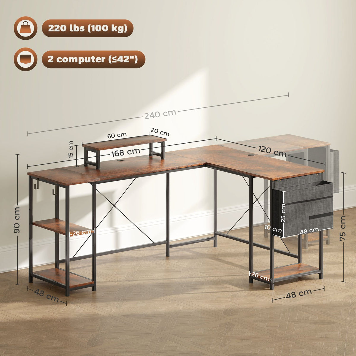 L-shaped desk 168 x 120 cm corner desk with storage compartments, storage bag, reversible computer desk with monitor stand, gaming table for office, home office, rustic brown