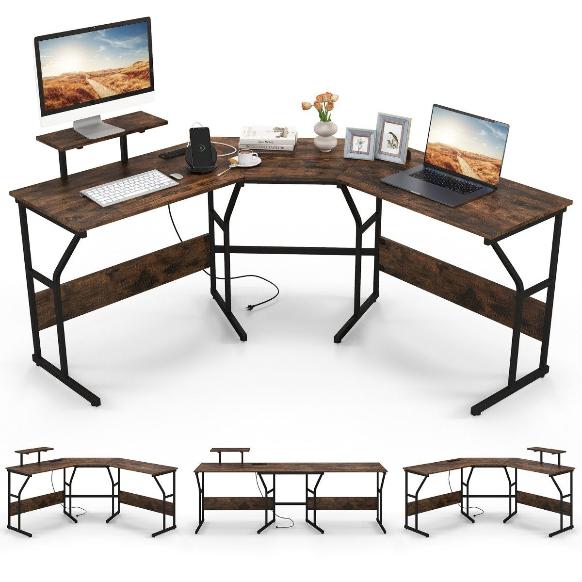 L-shaped desk with power outlet &amp; Movable monitor stand corner computer table brown