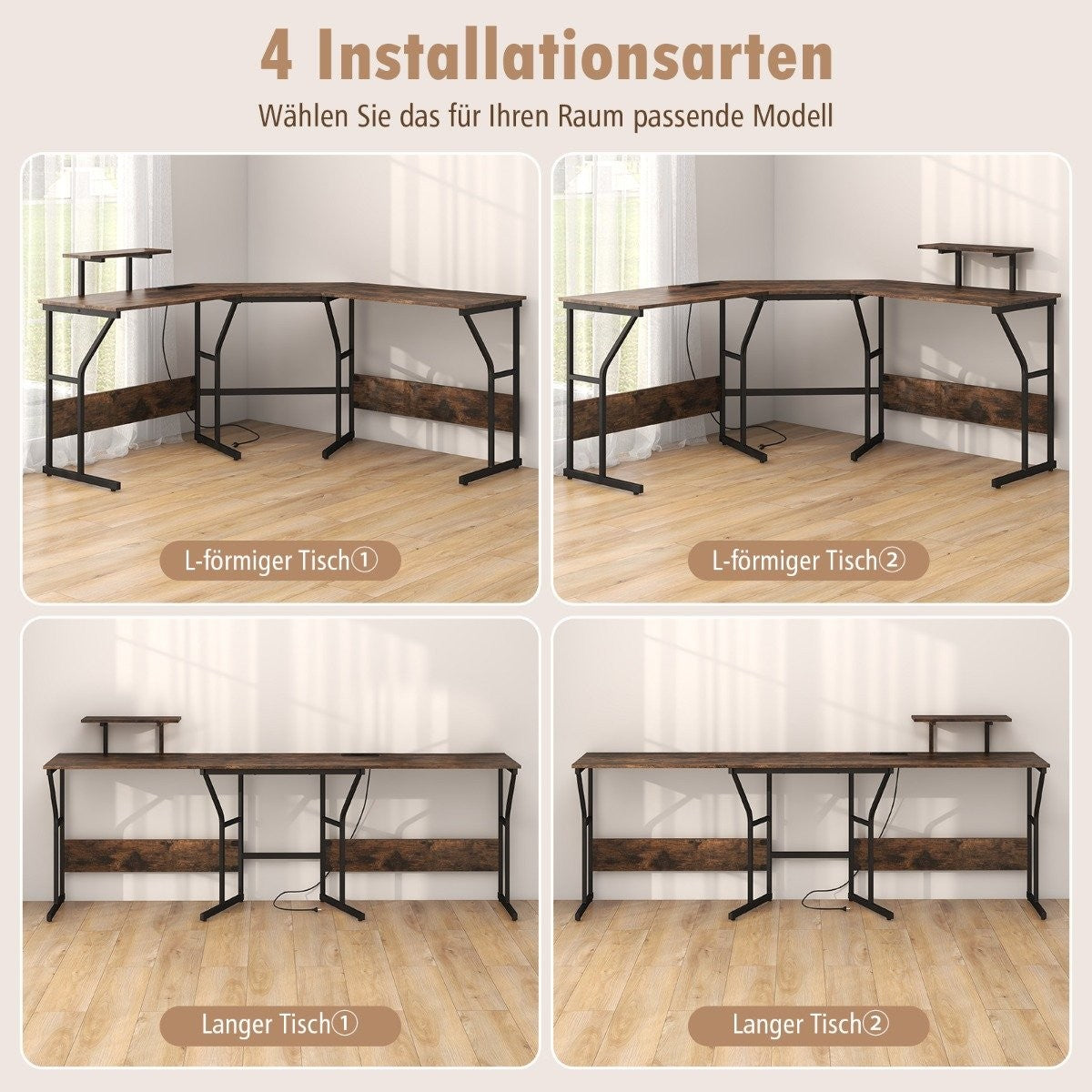 L-shaped desk with power outlet &amp; Movable monitor stand corner computer table brown