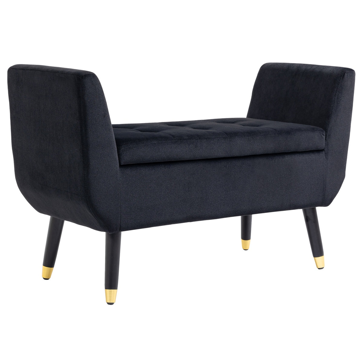 Luxury Bench Upholstered Bench With Storage Space & Armrests, Velvety Polyester, Rubber Wood, Black, 107 X 42 X 65 Cm