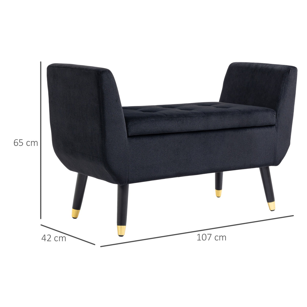Luxury Bench Upholstered Bench With Storage Space & Armrests, Velvety Polyester, Rubber Wood, Black, 107 X 42 X 65 Cm