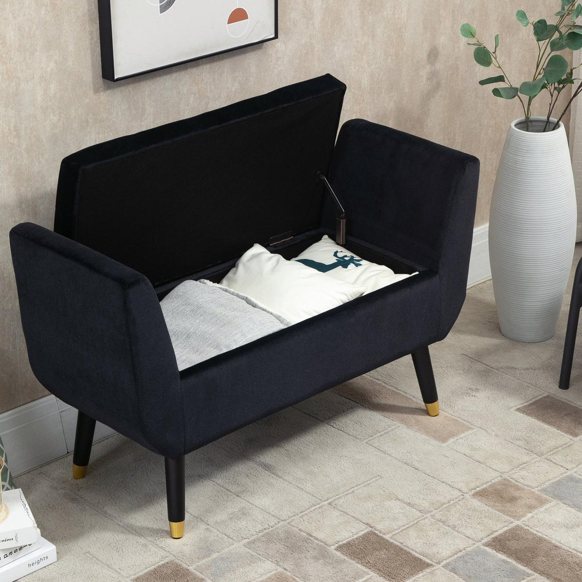 Luxury Bench Upholstered Bench With Storage Space & Armrests, Velvety Polyester, Rubber Wood, Black, 107 X 42 X 65 Cm