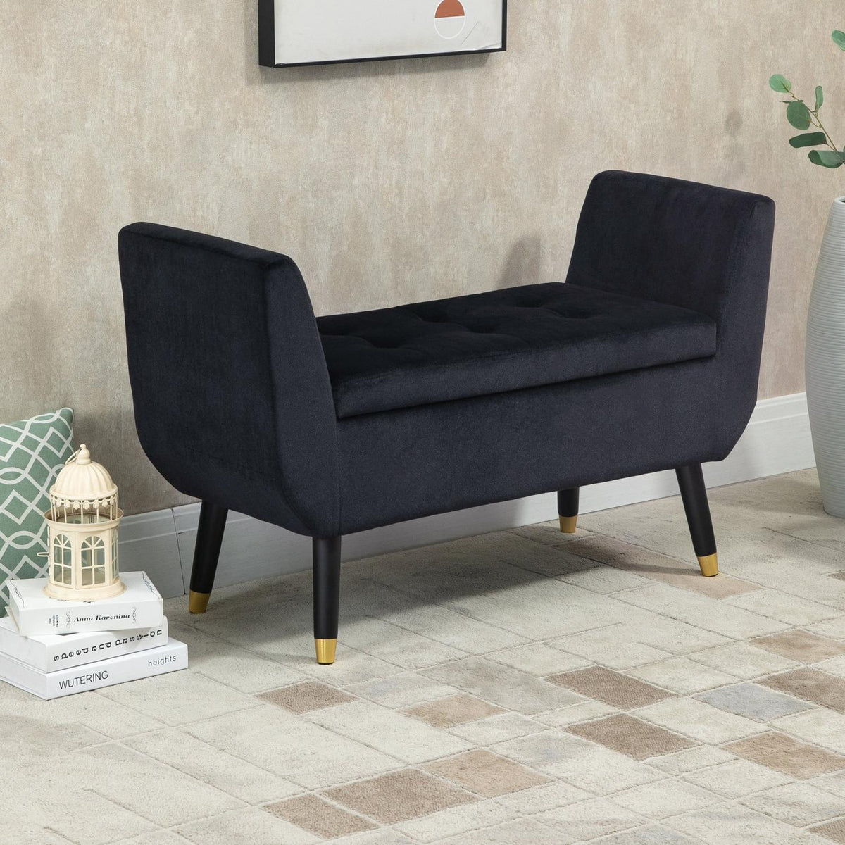 Luxury Bench Upholstered Bench With Storage Space & Armrests, Velvety Polyester, Rubber Wood, Black, 107 X 42 X 65 Cm