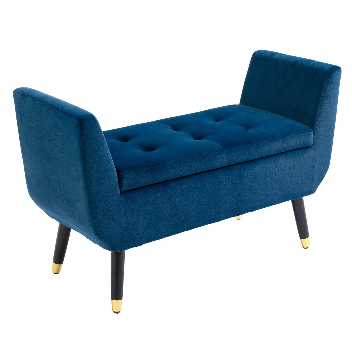 Luxury Bench With Storage Space Upholstered Bench In Blue, Velvety Polyester, Rubber Wood, With Armrests, 107X42X65Cm