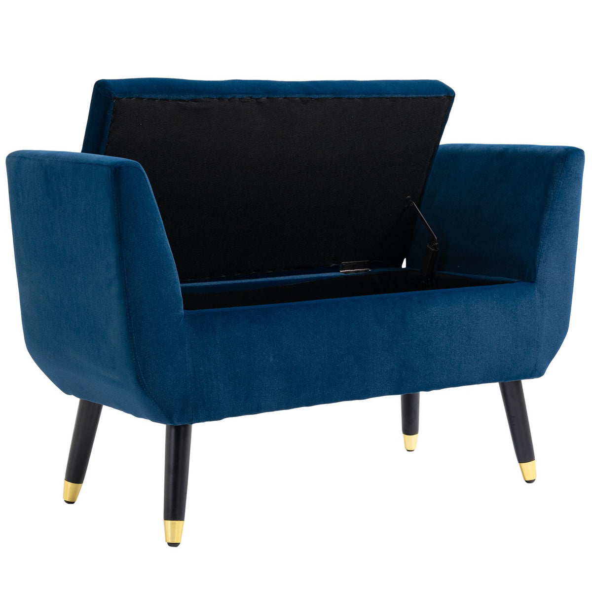 Luxury Bench With Storage Space Upholstered Bench In Blue, Velvety Polyester, Rubber Wood, With Armrests, 107X42X65Cm