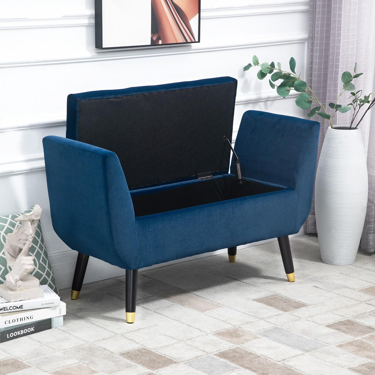 Luxury Bench With Storage Space Upholstered Bench In Blue, Velvety Polyester, Rubber Wood, With Armrests, 107X42X65Cm